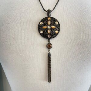 Vintage Avon Bronze Medallion Tassel Necklace With Amber Glass Stones & Scroll D